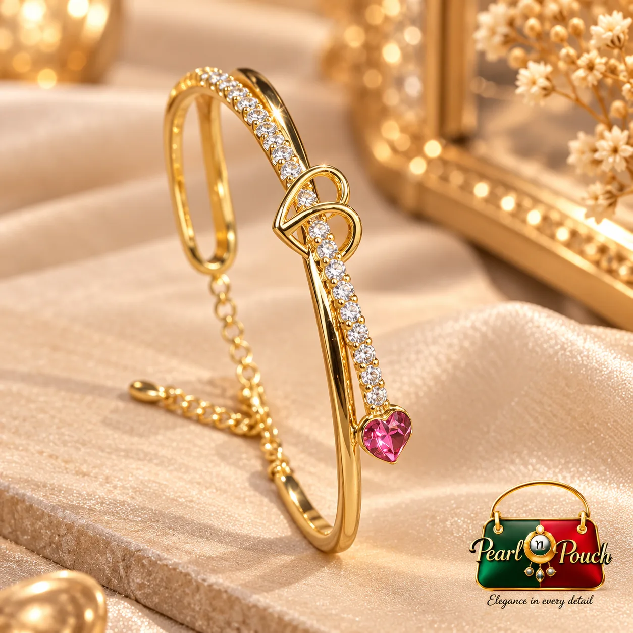 Elegant ZUPING 18K Gold Plated Zirconia Heart Bracelet (5) Elegant 18K Gold Plated Zirconia Heart Bracelet by ZUPING with pink heart stone