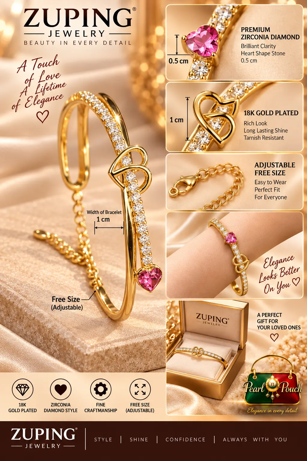 Elegant ZUPING 18K Gold Plated Zirconia Heart Bracelet (6)