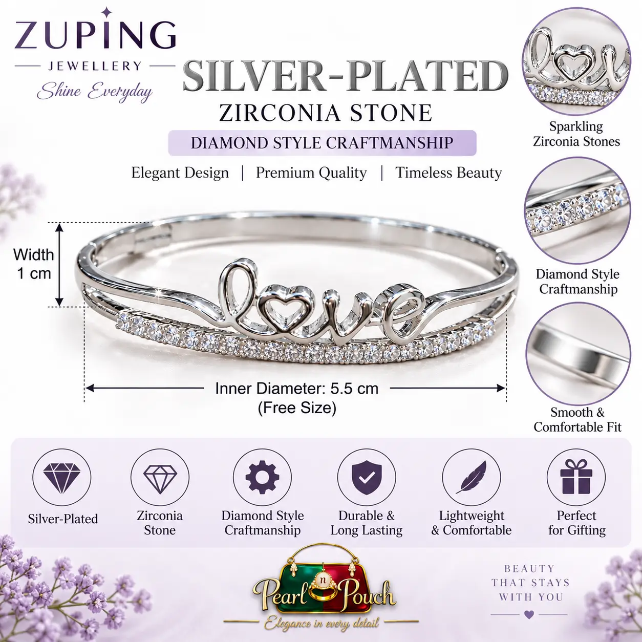 Elegant Zuping Silver-Plated Zirconia LOVE Bangle (1) Elegant Silver-Plated Zirconia Bangle by Zuping with LOVE design and sparkling zirconia stones