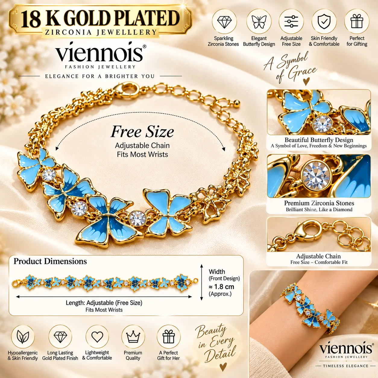 Exquisite Butterfly 18K Gold Plated Zirconia Bracelet (1)