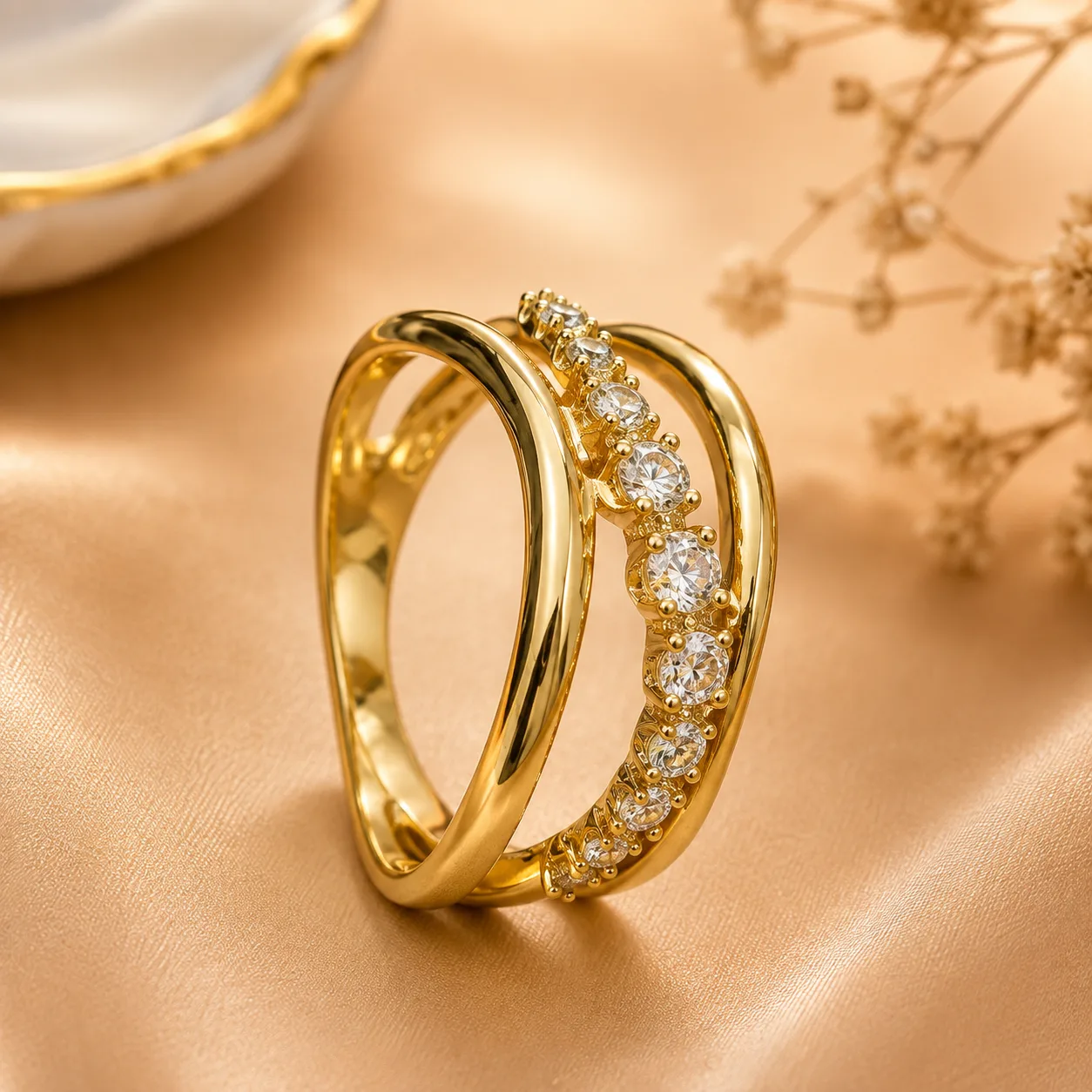 Gold Tone CZ Stone Split Band Statement Ring for Women (1) Gold-tone double band ring with sparkling clear stones