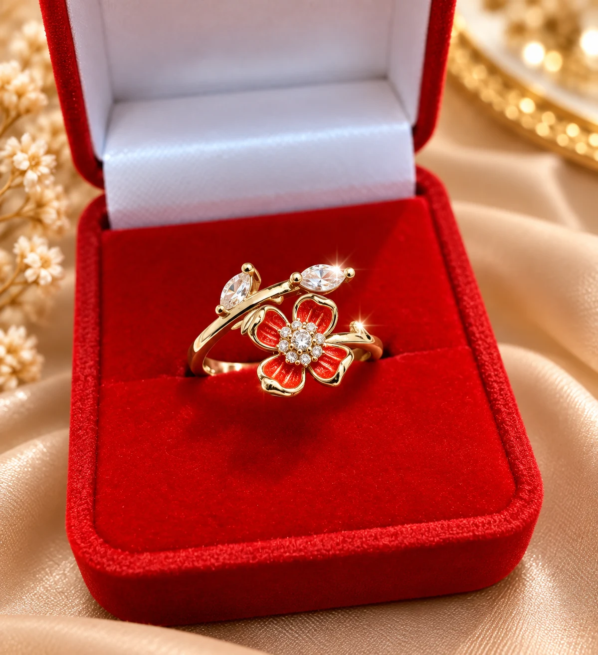 Gold tone flower ring with red enamel petals and clear sparkling stones (1) Gold tone flower ring with red enamel petals and clear sparkling stones