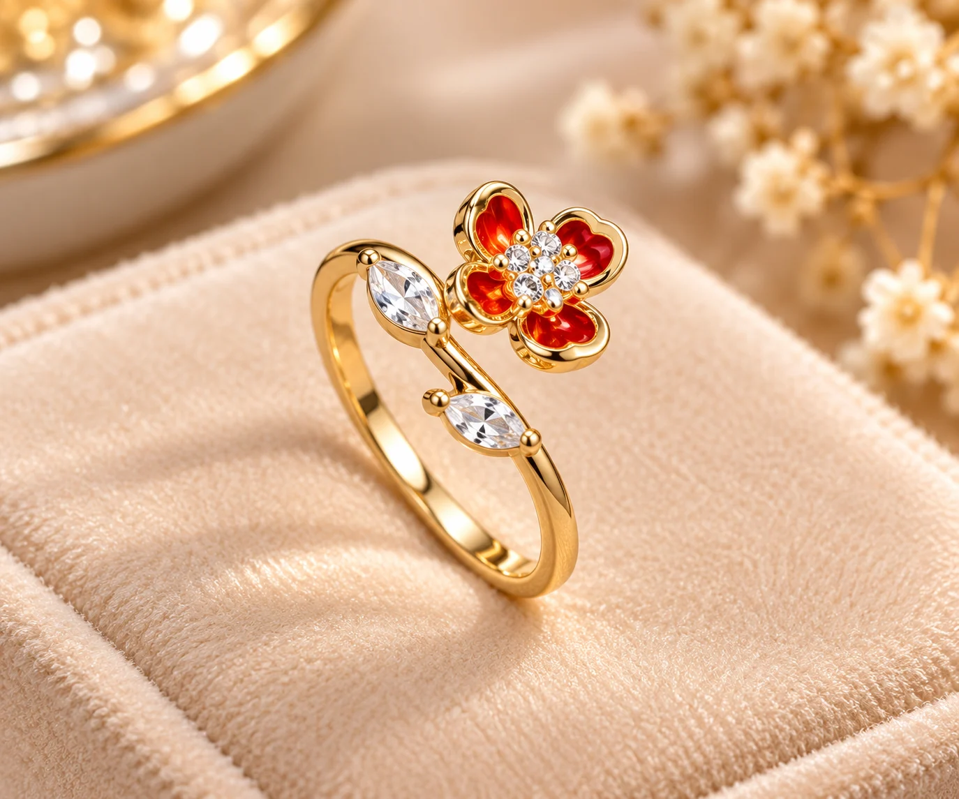 Gold tone flower ring with red enamel petals and clear sparkling stones (3) Gold tone flower ring with red enamel petals and clear sparkling stones