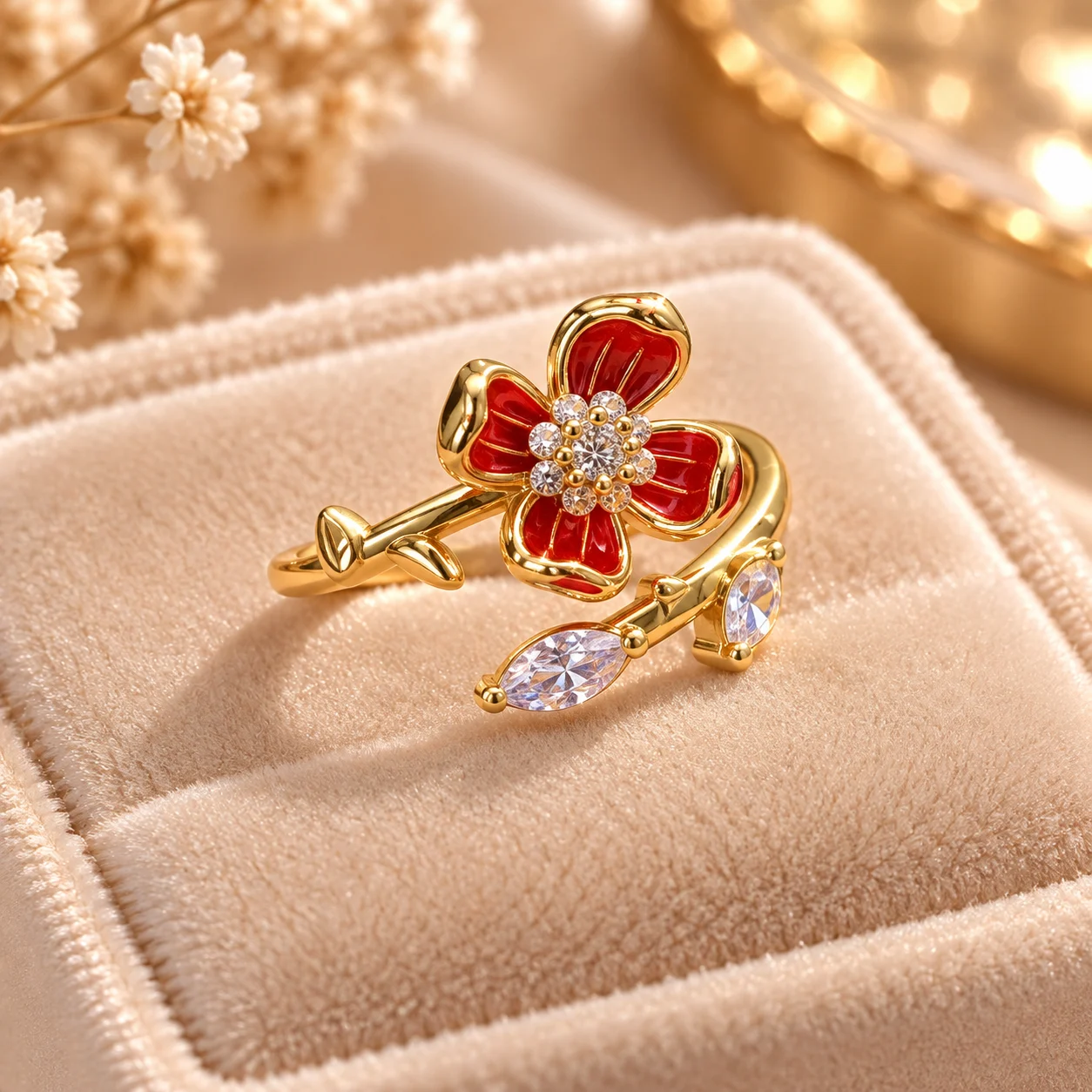 Gold tone flower ring with red enamel petals and clear sparkling stones (4)