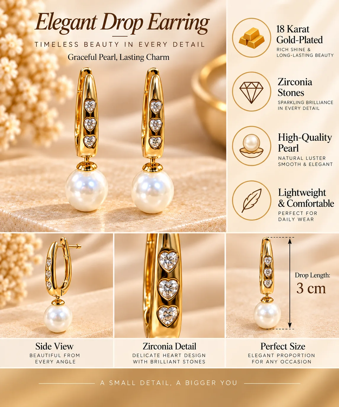 Graceful 18K Gold Plated Zirconia Pearl Drop Earrings (3)
