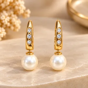 Elegant 18K Gold Plated Zirconia Pearl Drop Earrings with heart-shaped stones