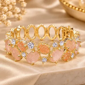 Imported Peach Stone and Bead Bracelet with clear stones and gold tone finish