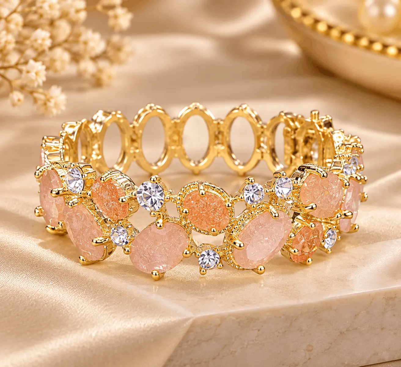Imported Peach Stone and Bead Bracelet with clear stones and gold tone finish 1 Imported Peach Stone and Bead Bracelet with clear stones and gold tone finish