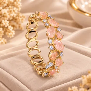 Imported Peach Stone and Bead Bracelet with clear stones and gold tone finish