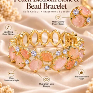 Imported Peach Stone and Bead Bracelet with clear stones and gold tone finish