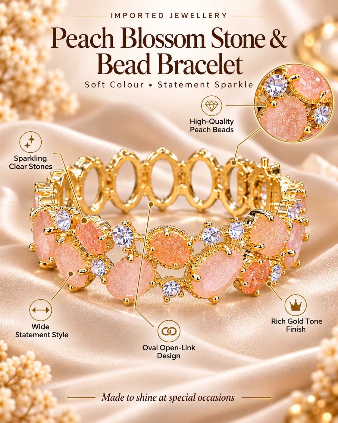 Imported Peach Stone and Bead Bracelet with clear stones and gold tone finish 4 Imported Peach Stone and Bead Bracelet with clear stones and gold tone finish