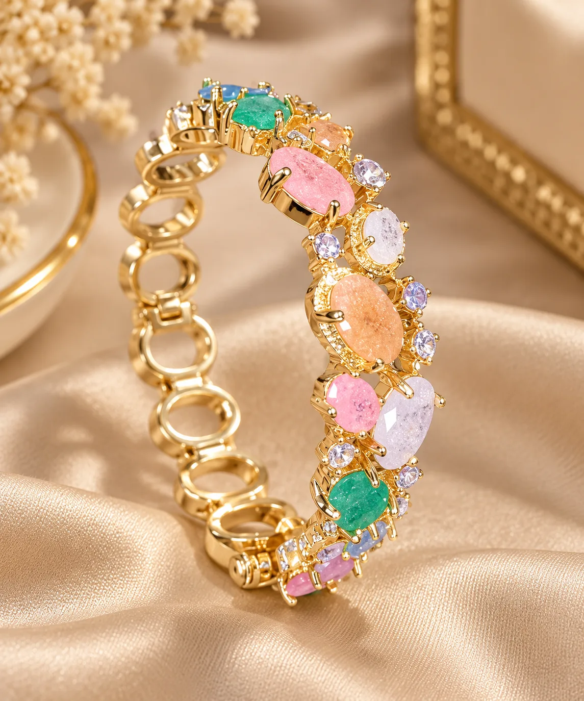 Luxe Mosaic Gold Tone Bracele (1) Gold tone stone bracelet with multicolor stones and sparkling clear accents