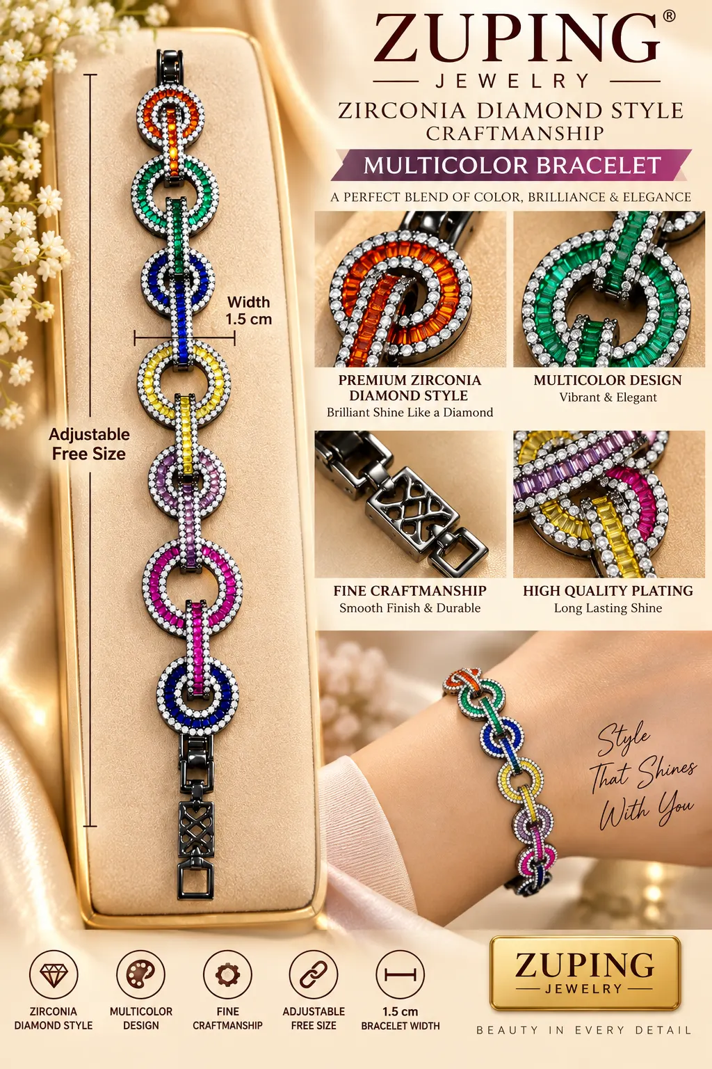 Multicolor Zirconia Diamond-Style Adjustable Bracelet for Women (4)