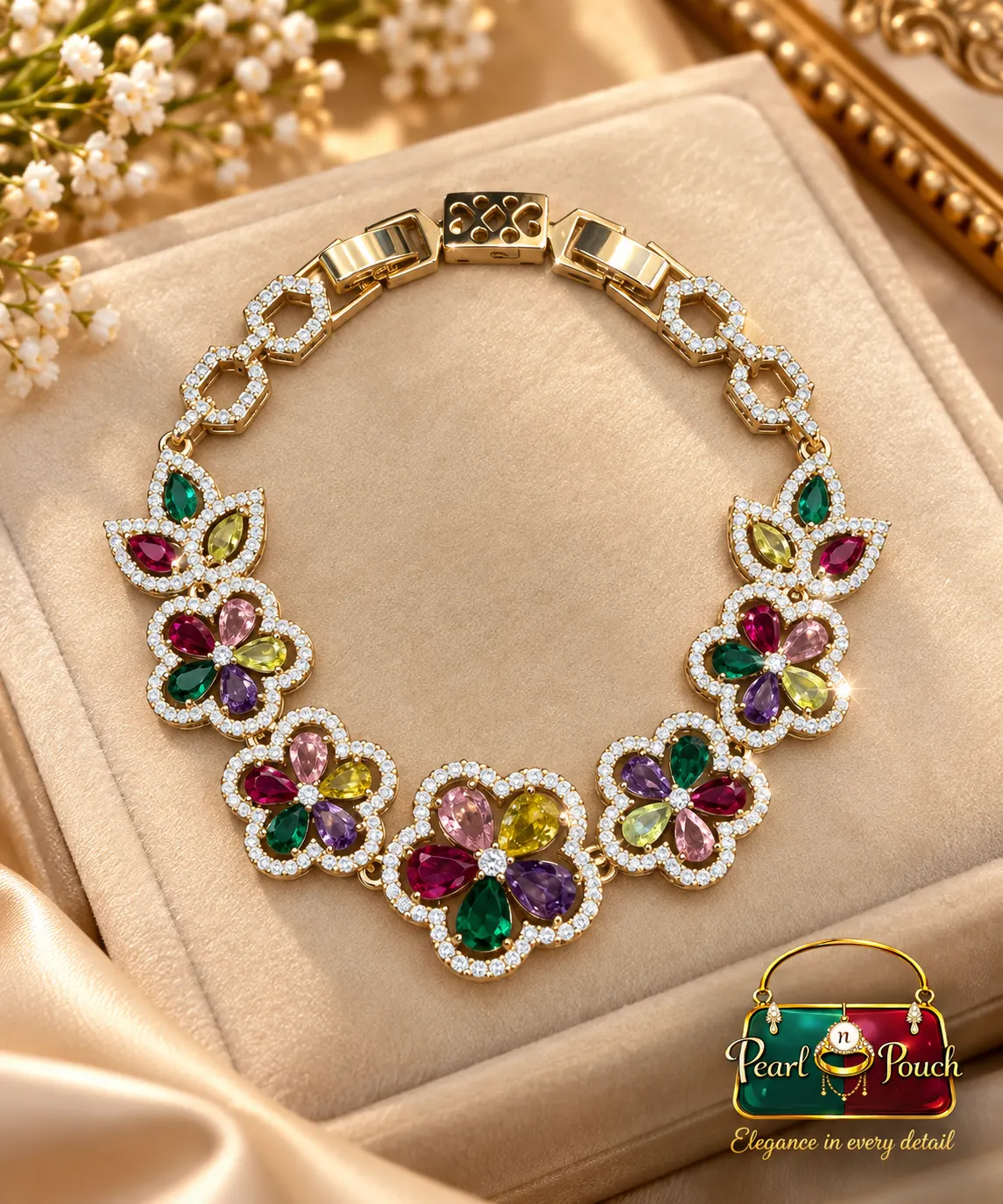 Premium 18K Gold Plated Multicolour Floral Bracelet (6) Premium 18K Gold Plated Multicolour Floral Bracelet with multicolour floral stones