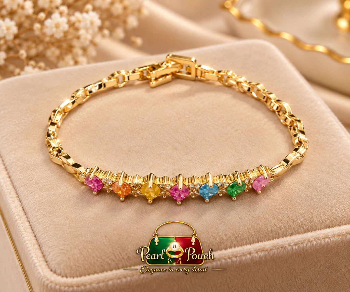 Premium 18K Gold Plated Multicolour Zirconia Bracelet – Free Size (1) Premium 18K Gold Plated Zirconia Bracelet in Free Size with multicolour stones and diamond style craftsmanship