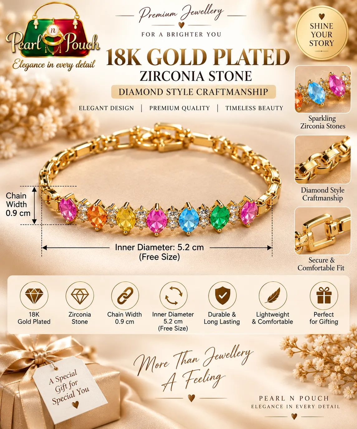 Premium 18K Gold Plated Multicolour Zirconia Bracelet – Free Size (2)