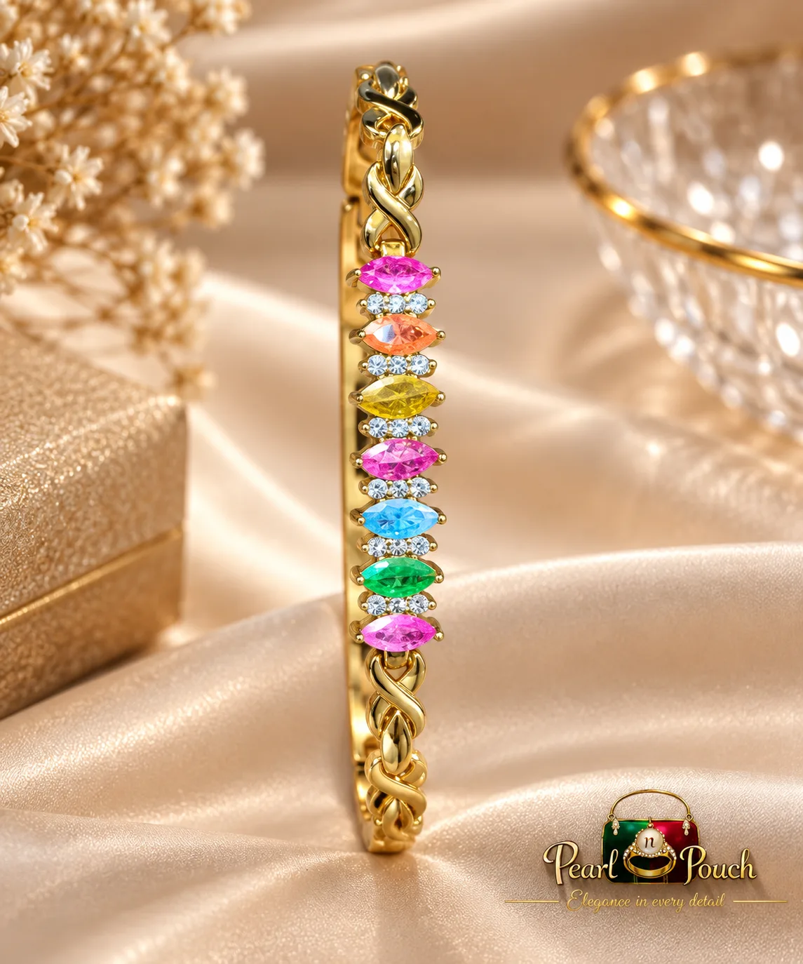 Premium 18K Gold Plated Multicolour Zirconia Bracelet – Free Size (7) Premium 18K Gold Plated Zirconia Bracelet in Free Size with multicolour stones and diamond style craftsmanship