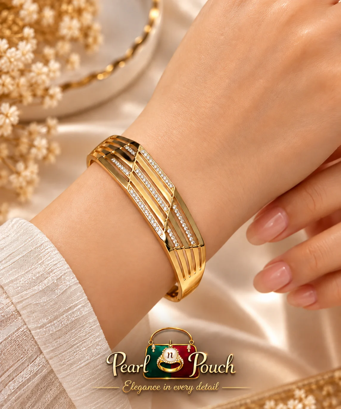 Premium 18K Gold Plated Zirconia Bangle by Zuping (1) Premium 18K Gold Plated Zirconia Bangle by Zuping with sparkling zirconia detailing and geometric diamond style craftsmanship