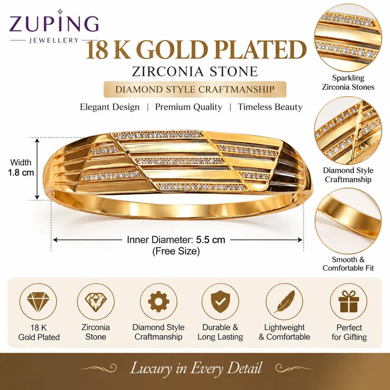 Premium 18K Gold Plated Zirconia Bangle by Zuping (7)