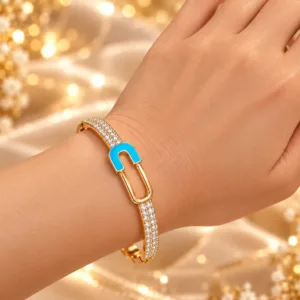 Premium 18K Gold Plated Zirconia Designer Bangle by Zuping with blue designer lock and sparkling zirconia stone detailing