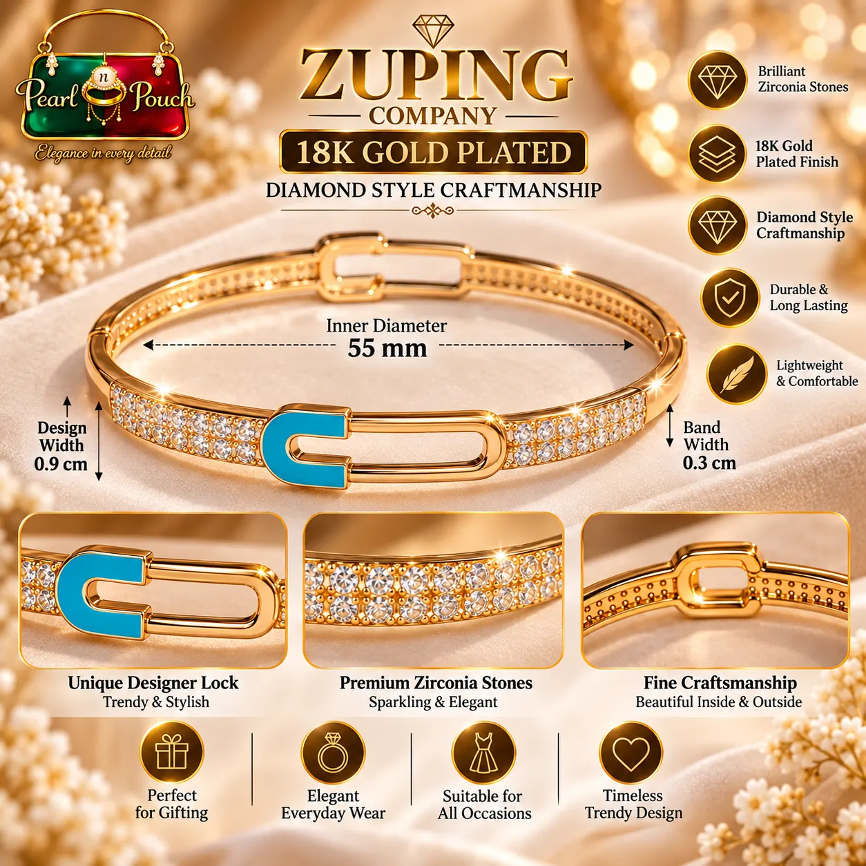 Premium 18K Gold Plated Zirconia Designer Bangle by Zuping (5)