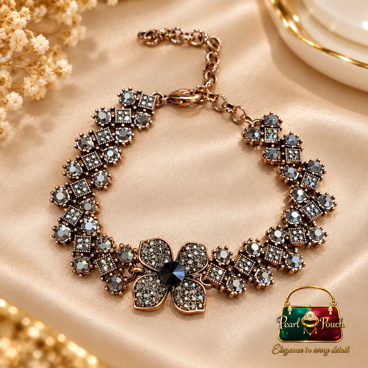 Premium Antique Copper Floral Zirconia Bracelet (1)