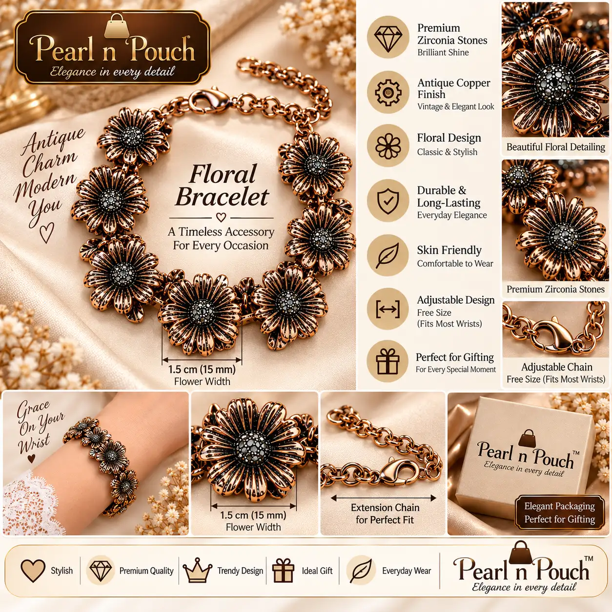 Premium Antique Copper Floral Zirconia Bracelet (3)