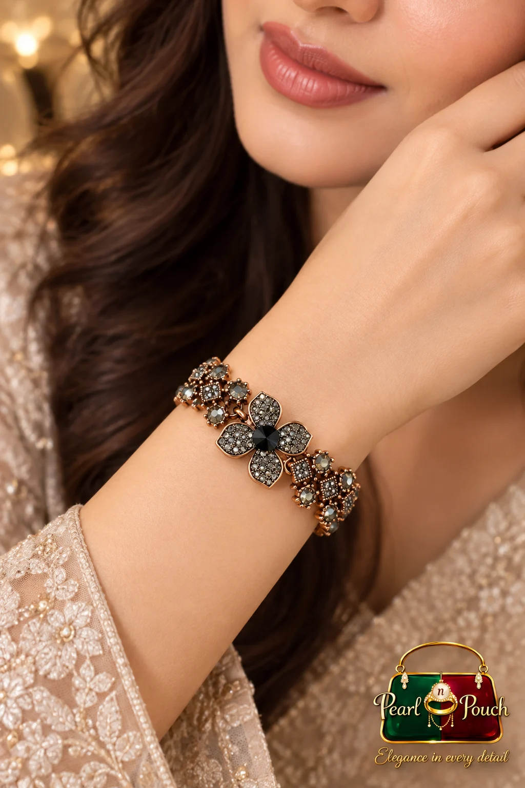 Premium Antique Copper Floral Zirconia Bracelet (3)