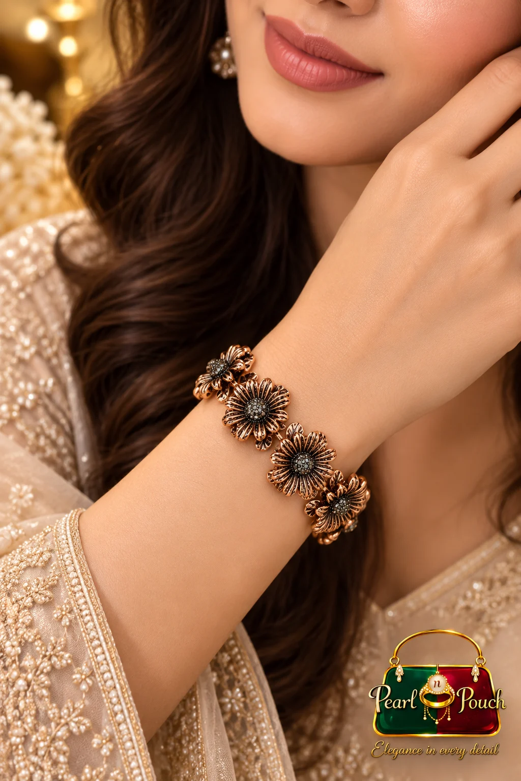 Premium Antique Copper Floral Zirconia Bracelet (4)