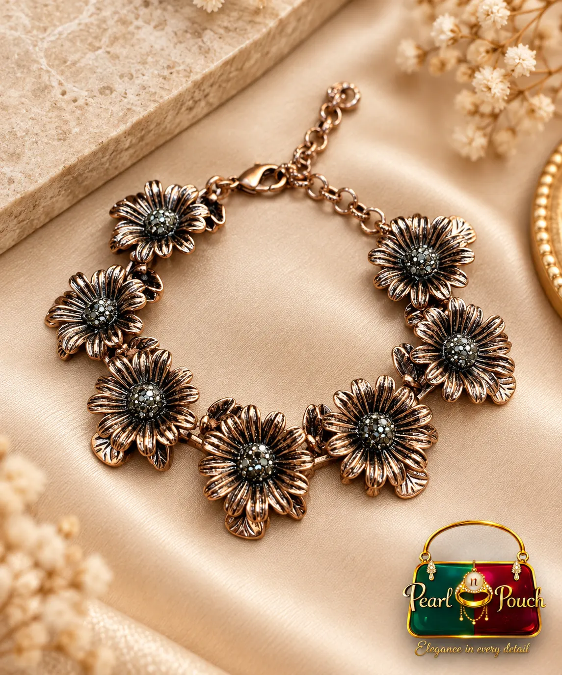 Premium Antique Copper Floral Zirconia Bracelet (6) Premium Antique Copper Floral Zirconia Bracelet for Women