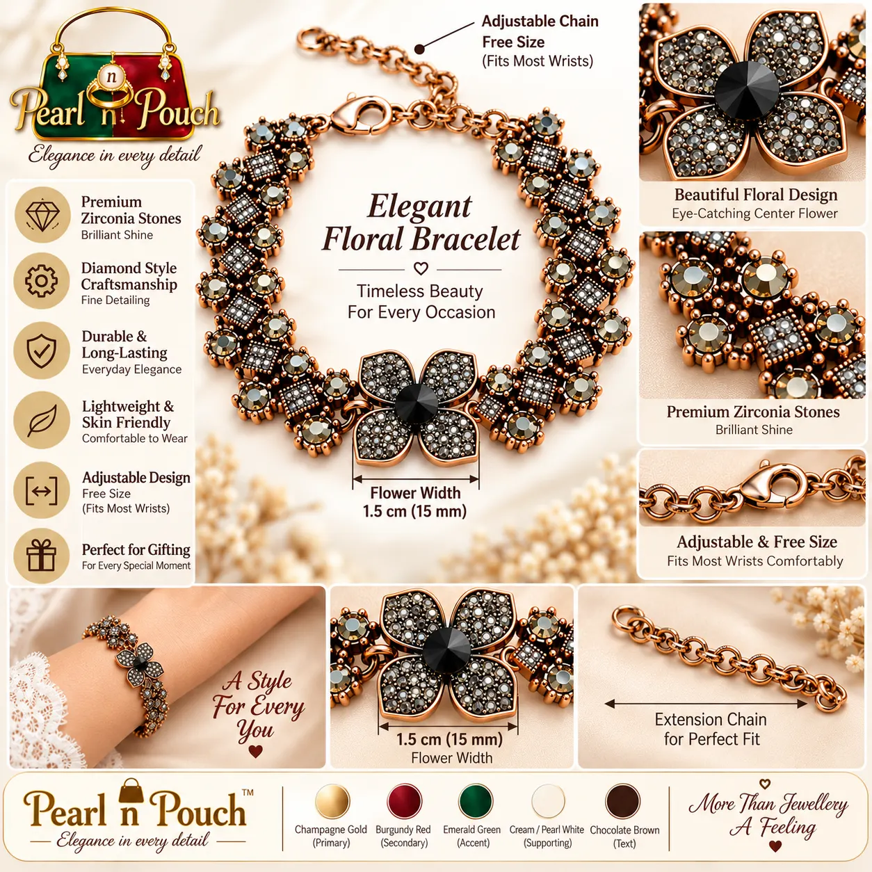Premium Antique Copper Floral Zirconia Bracelet (6)