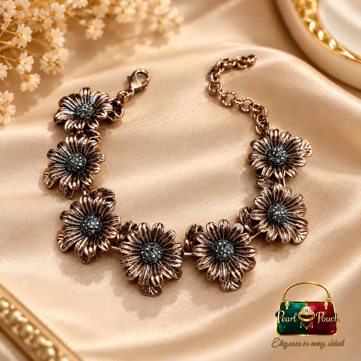 Premium Antique Copper Floral Zirconia Bracelet (7)