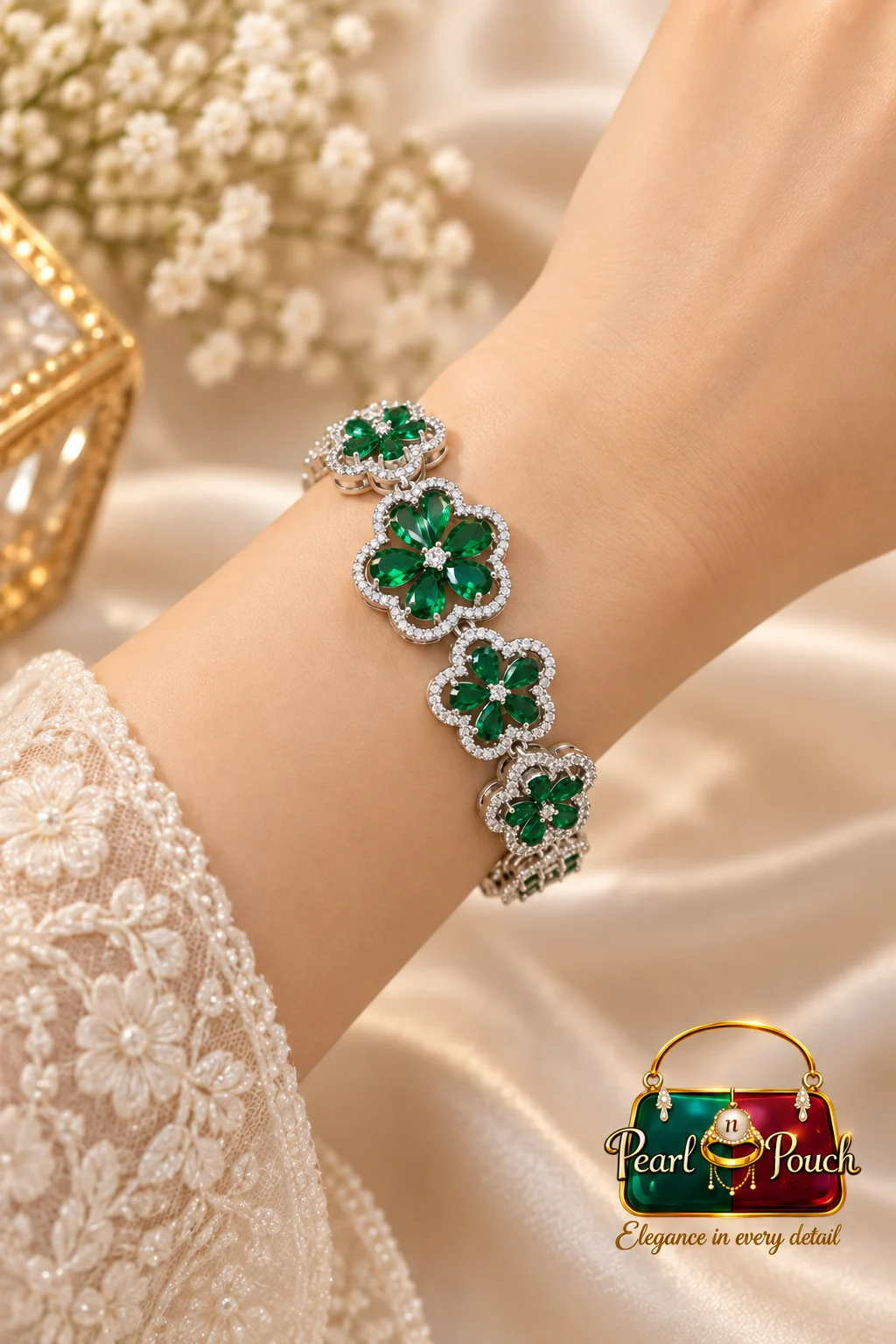 Premium Xuping Silver-Plated Green Crystal Floral Bracelet (1)