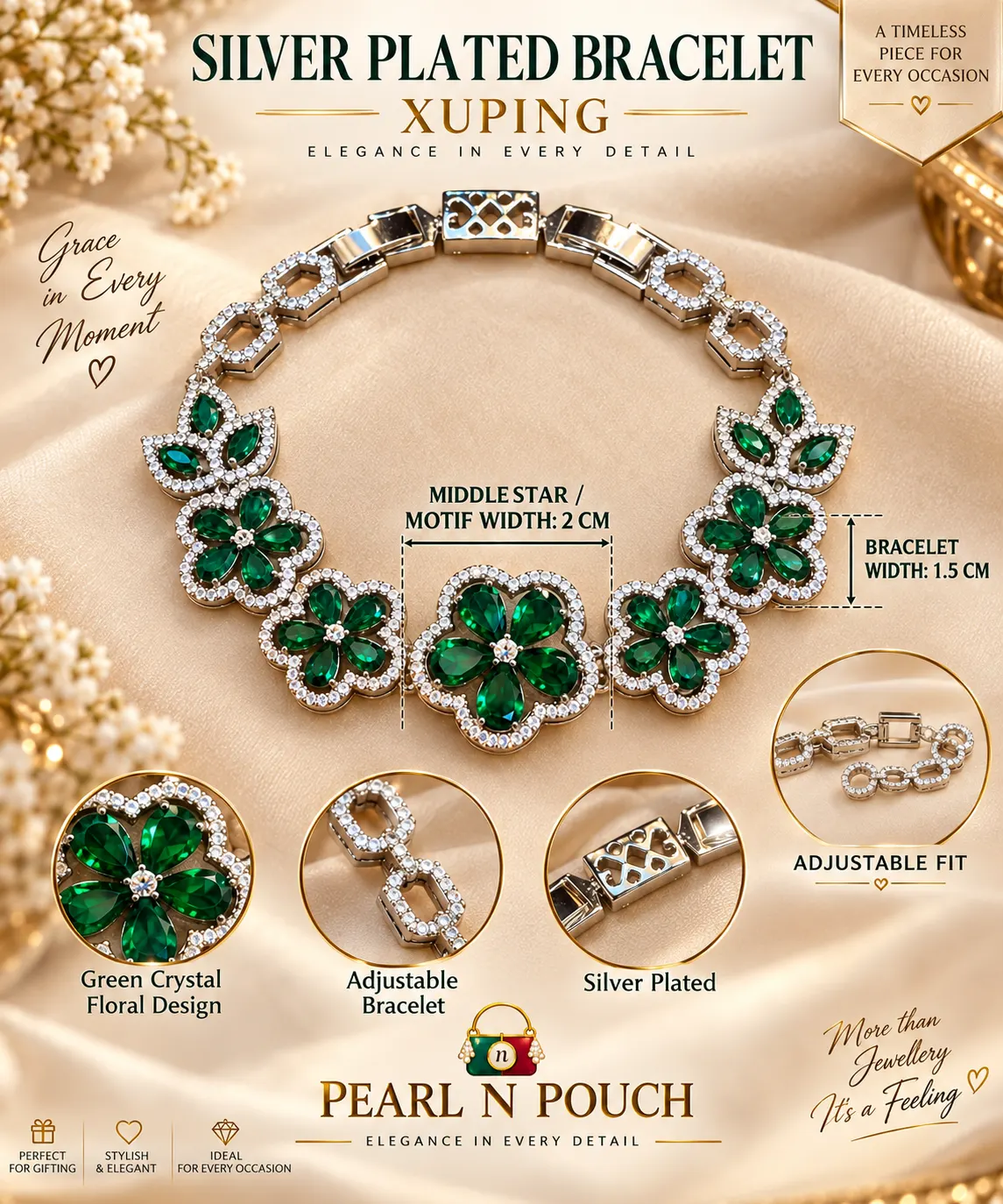 Premium Xuping Silver-Plated Green Crystal Floral Bracelet (3)