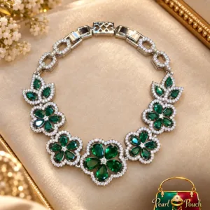 Premium Silver-Plated Green Crystal Bracelet with floral motifs and sparkling clear accents