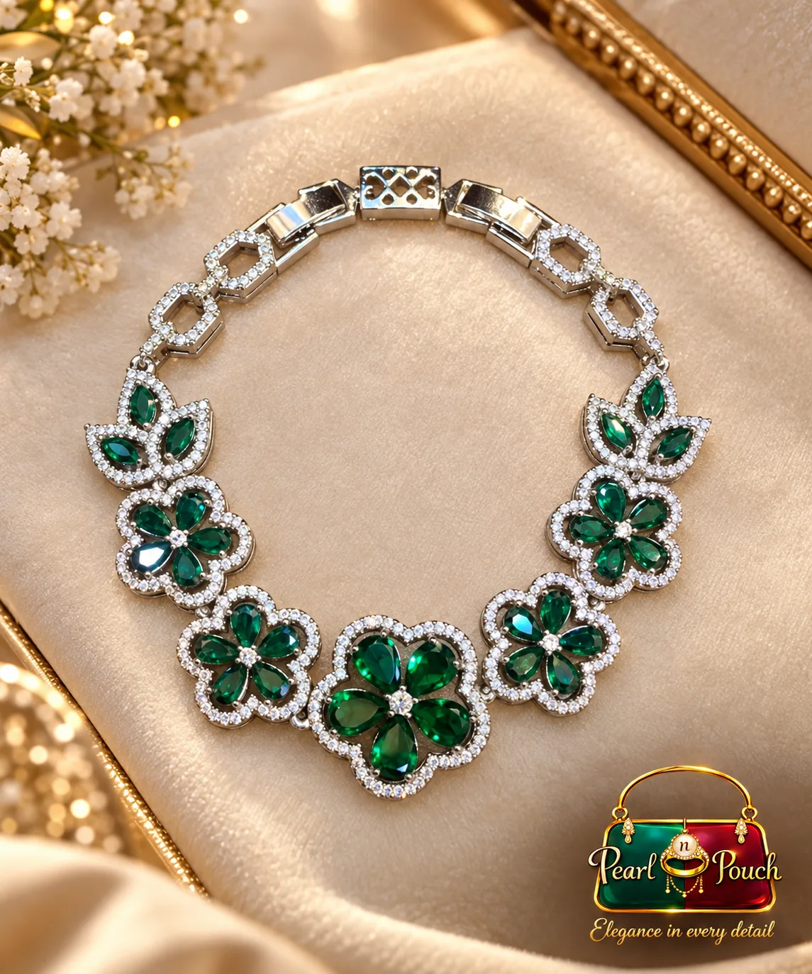 Premium Xuping Silver-Plated Green Crystal Floral Bracelet (5) Premium Silver-Plated Green Crystal Bracelet with floral motifs and sparkling clear accents