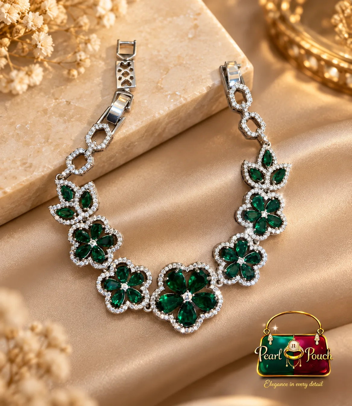 Premium Xuping Silver-Plated Green Crystal Floral Bracelet (6)