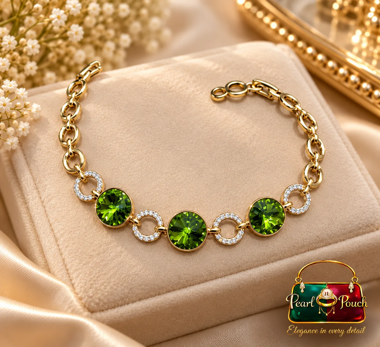 Premium ZUPING 18K Gold Plated Zirconia Bracelet (3) Premium 18K Gold Plated Zirconia Bracelet by ZUPING with 8 mm green stones