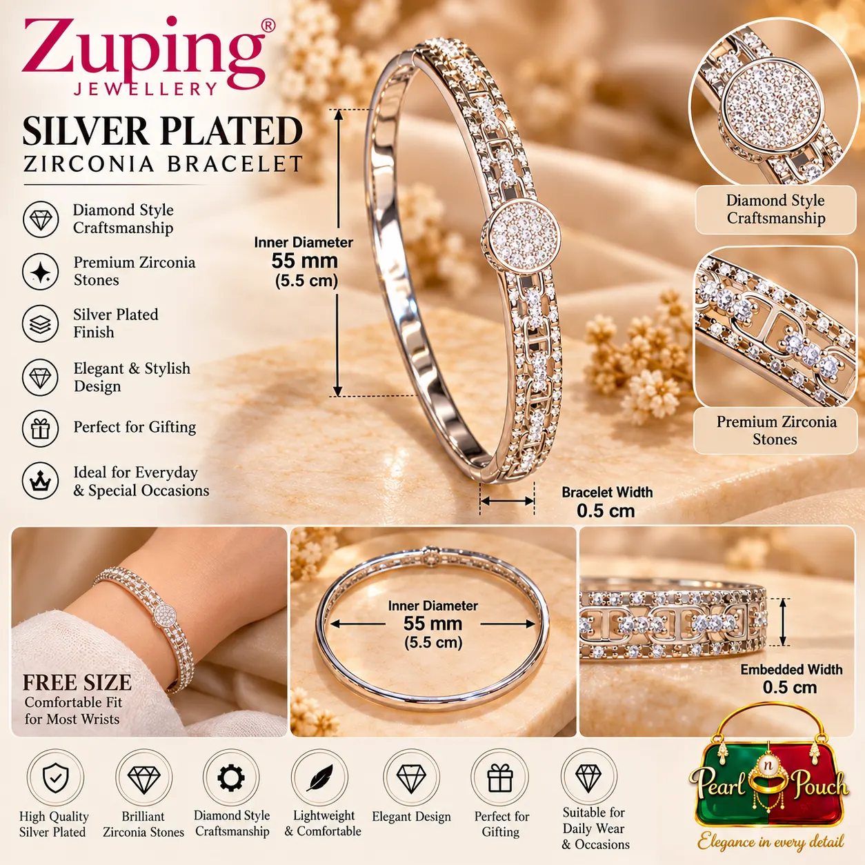 Premium Zuping Silver-Plated Zirconia Bracelet – 55 mm (4)