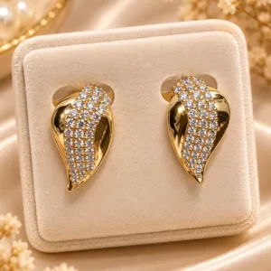 Premium 18K gold plated leaf earrings with sparkling clear stone detailing