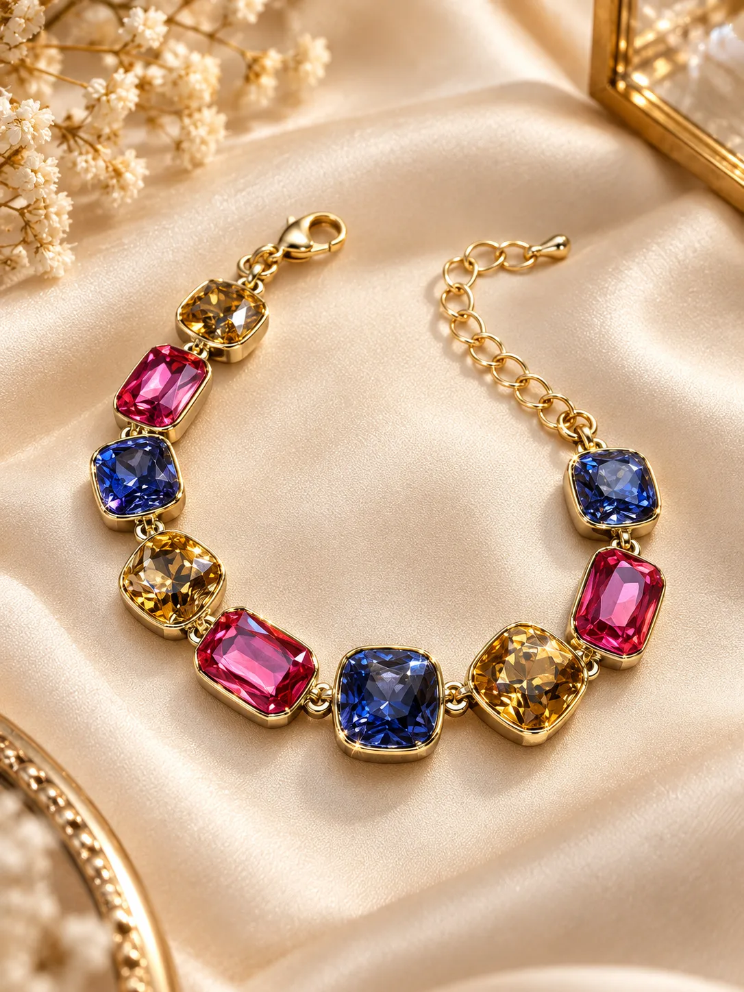 Radiant 18K Gold Plated Zirconia Colour Link Bracelet (1) Exquisite 18K Gold Plated Zirconia Bracelet with colourful faceted stones