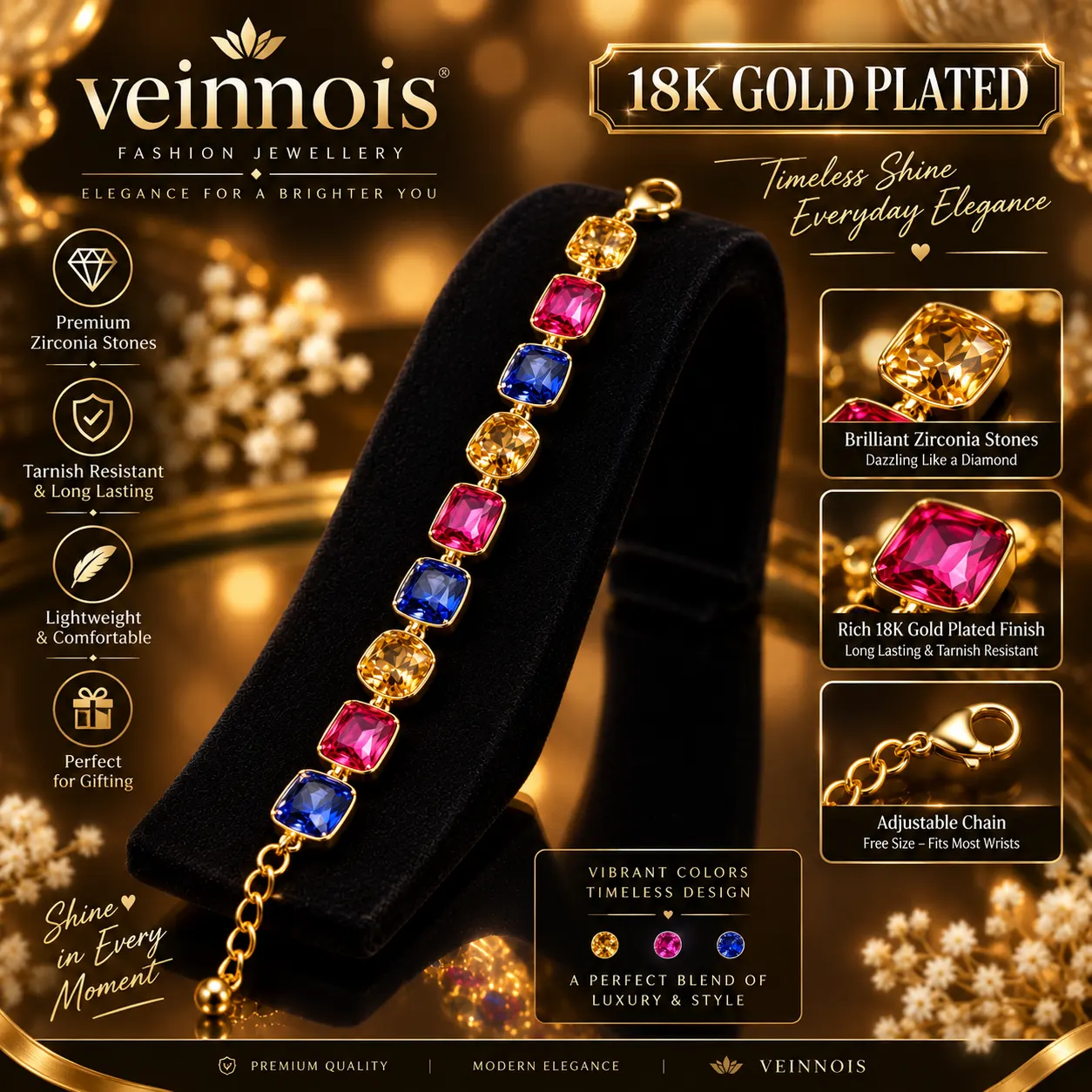 Radiant 18K Gold Plated Zirconia Colour Link Bracelet (4)