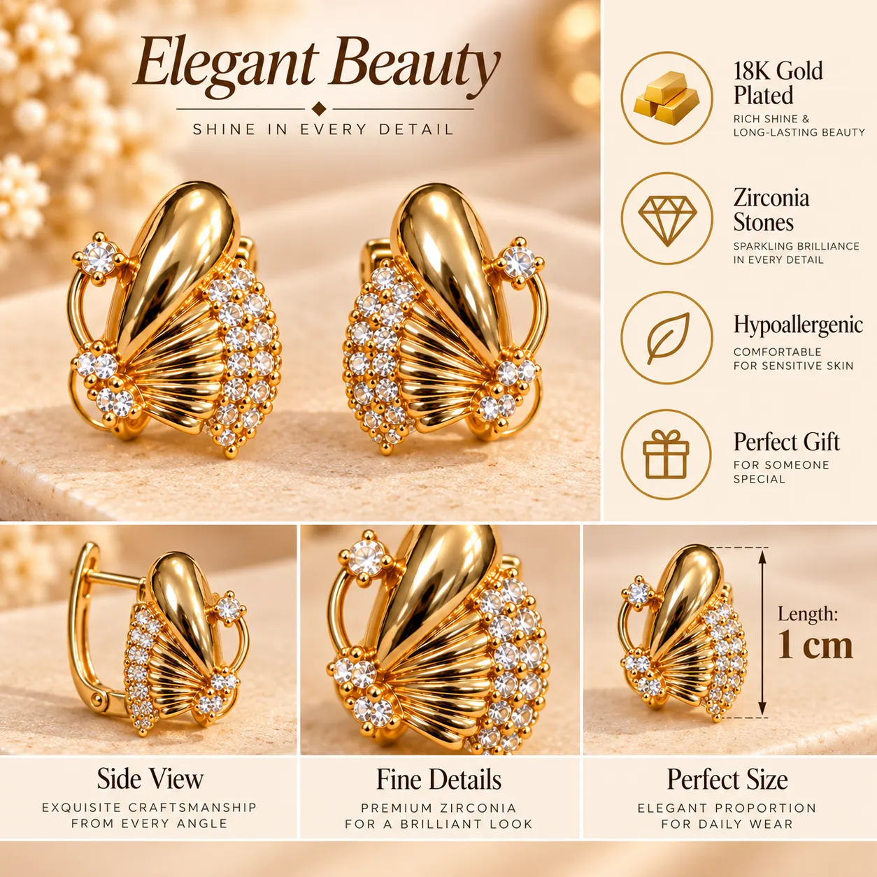 Radiant Fan 18K Gold Plated Zirconia Earrings (1)