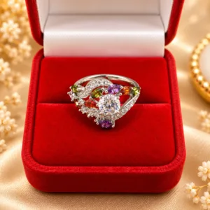 Multicolor stone ring with colorful accent stones and sparkling silver tone detailing