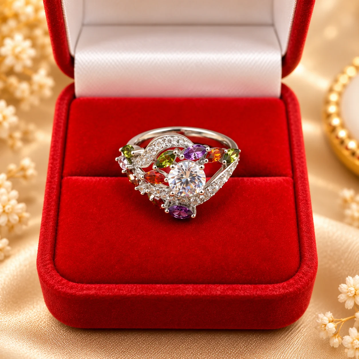 Radiant Multicolor Stone Statement Ring (1) Multicolor stone ring with colorful accent stones and sparkling silver tone detailing