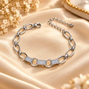 Exquisite Silver Plated Zirconia Bracelet with geometric links and sparkling centre details