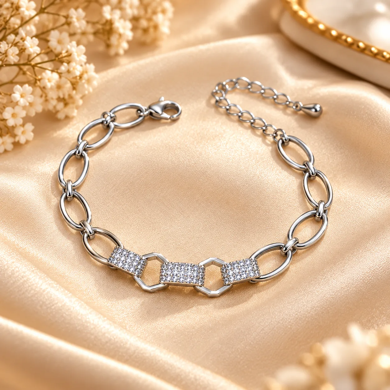 Radiant Silver Plated Zirconia Link Bracelet (5) Exquisite Silver Plated Zirconia Bracelet with geometric links and sparkling centre details