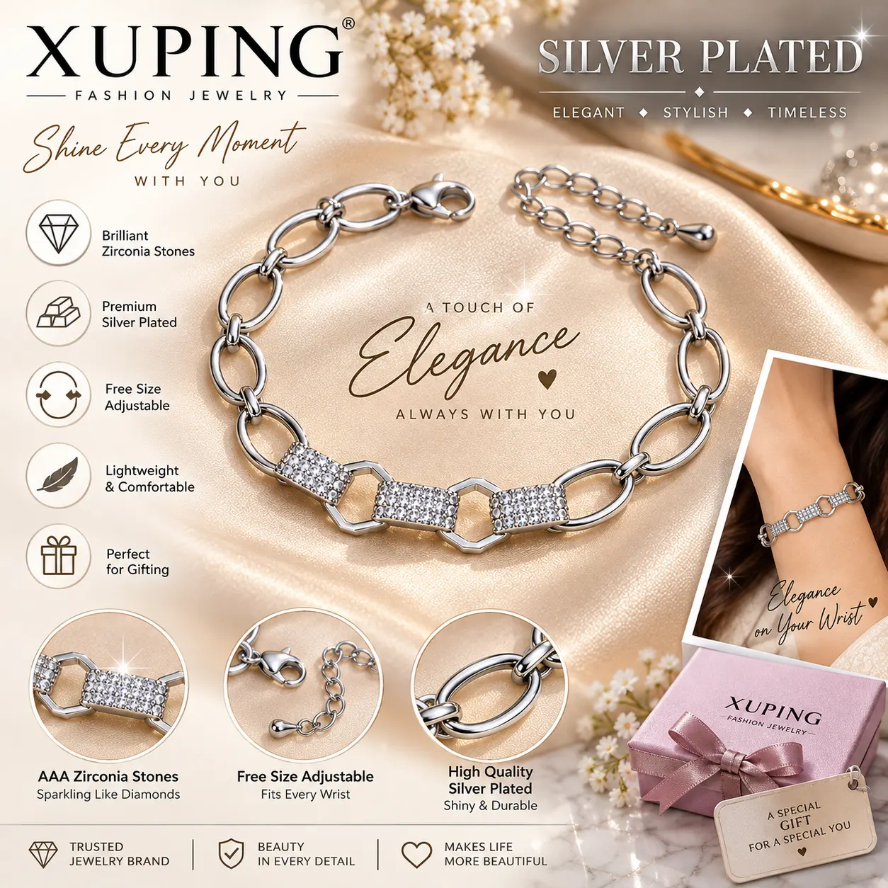 Radiant Silver Plated Zirconia Link Bracelet (6)