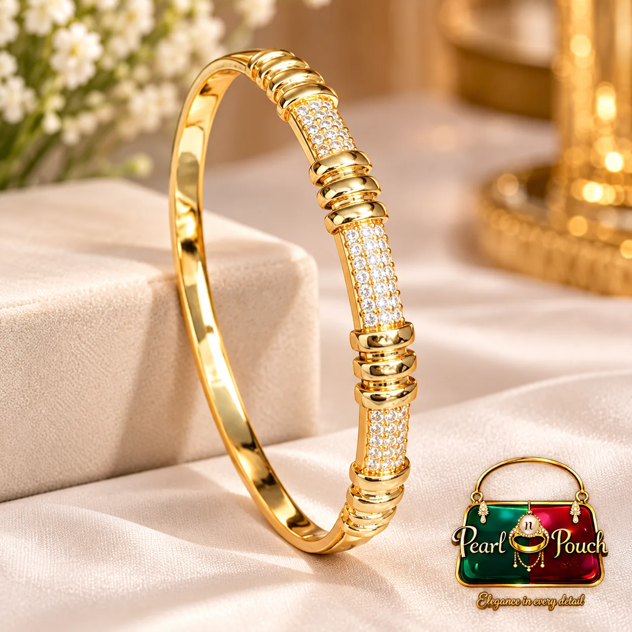 Radiant Xuping Zirconia Bracelet with 18K Gold Plated Finish (4) Brilliant 18K Gold Plated Zirconia Bracelet by Xuping with sparkling stone-set sections and a 55 mm inner diameter