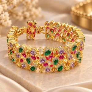 Elegant 18K Gold Plated Zirconia multicolour bracelet with green, pink and purple stones
